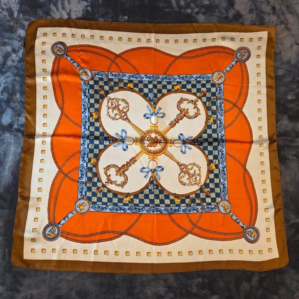 Vintage Style Skeleton Key Chain Print Square Scarf Orange Brown Satin 21x21